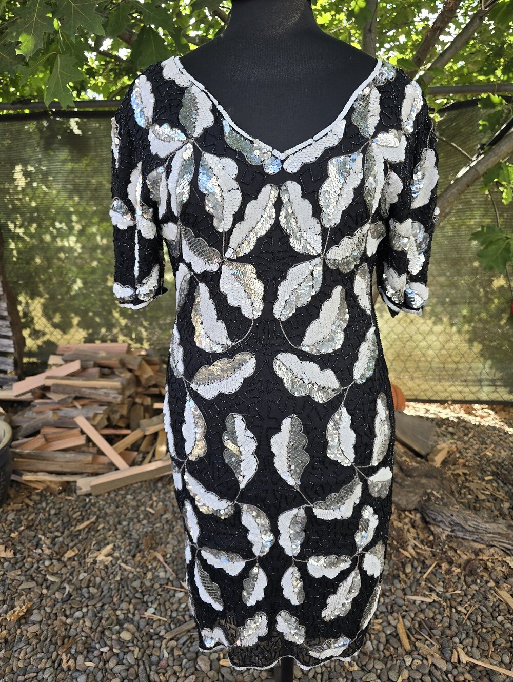 Vtg 80's Black Sequin Leaf-Pattern Silk Cocktail Dress Dynasty Glam Evening Glam